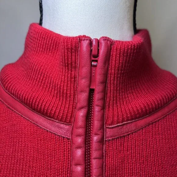 Pendleton full zip leather trim merino wool blend red sweater womens sz S TALL - Picture 5 of 12